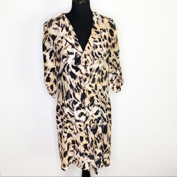 Yoana Baraschi animal print ruffle button front silk dress size 10 - Picture 1 of 16